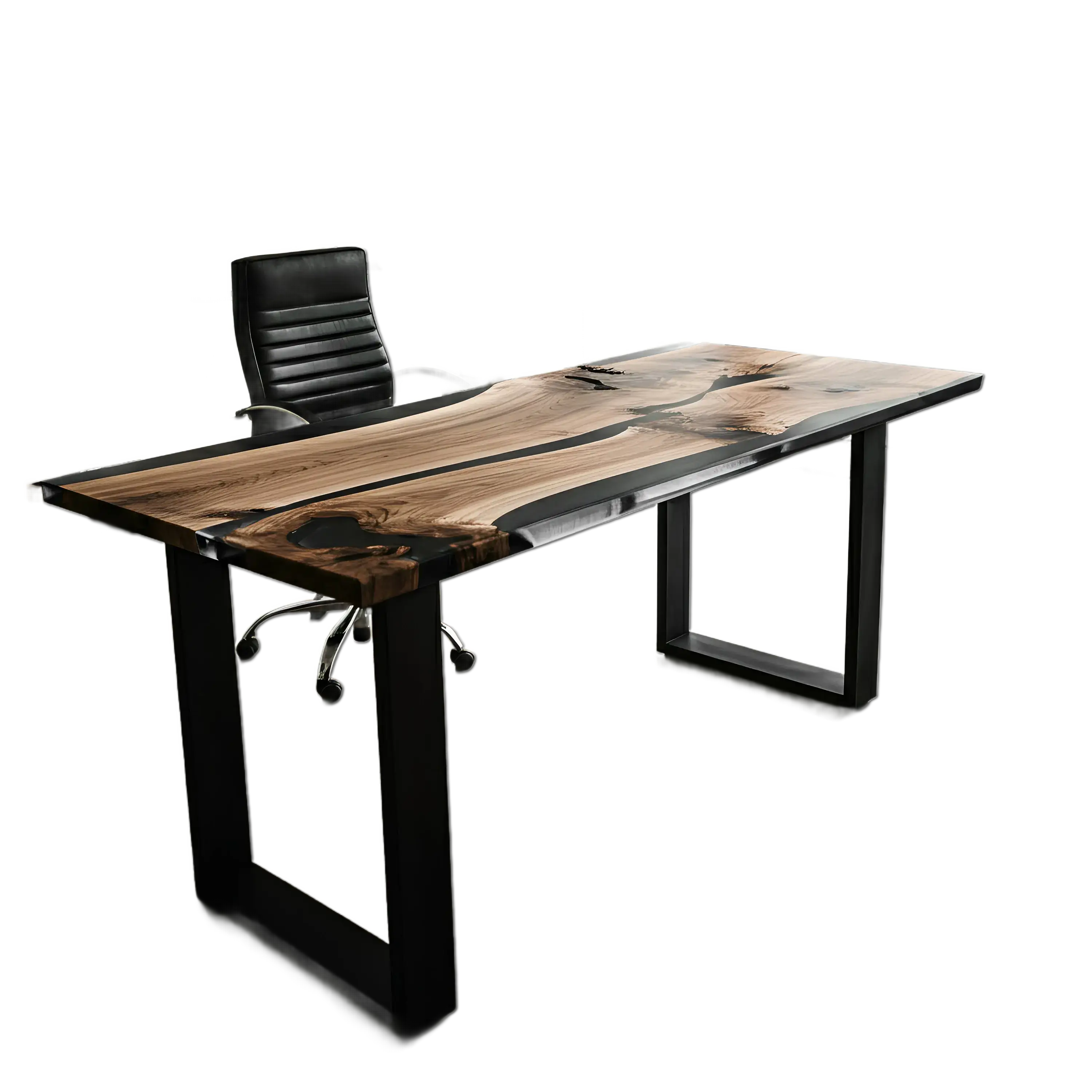 Epoxy river office desk with walnut wood and black resin, custom handmade in the USA. Sleek modern design ideal for executive workspaces.