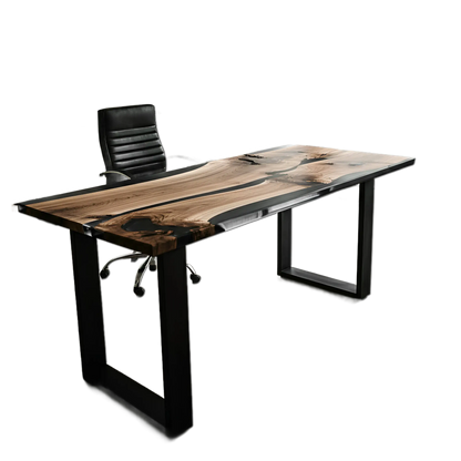 Epoxy river office desk with walnut wood and black resin, custom handmade in the USA. Sleek modern design ideal for executive workspaces.