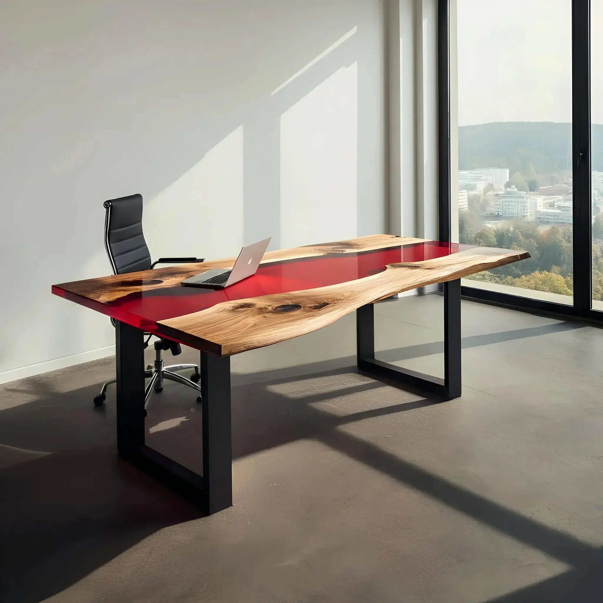 Custom epoxy river desk with walnut slab and red resin, set in a minimalist office. Sleek handmade USA design for productivity.