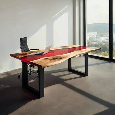 Handmade epoxy river office desk with walnut wood and red resin, featuring metal legs, suitable for home or executive workspaces.