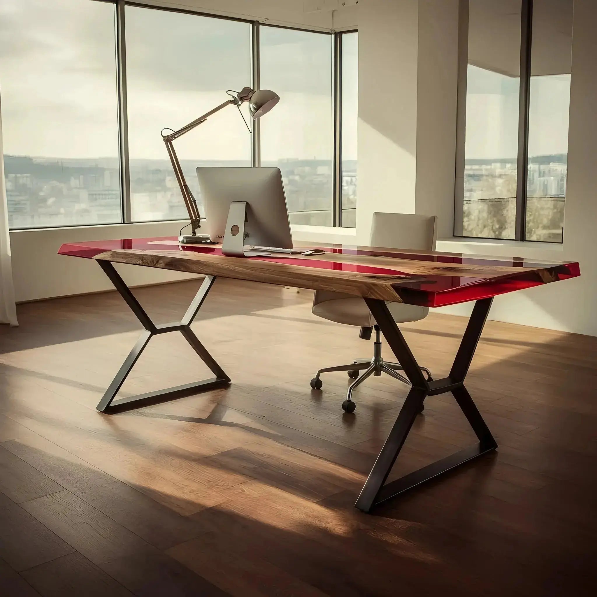 Modern epoxy river office desk with red resin and walnut wood, featuring angled metal legs. Handmade in the USA for stylish workspaces.