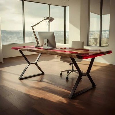 Handmade epoxy river office desk with walnut wood and red resin, featuring metal legs, suitable for home or executive workspaces.
