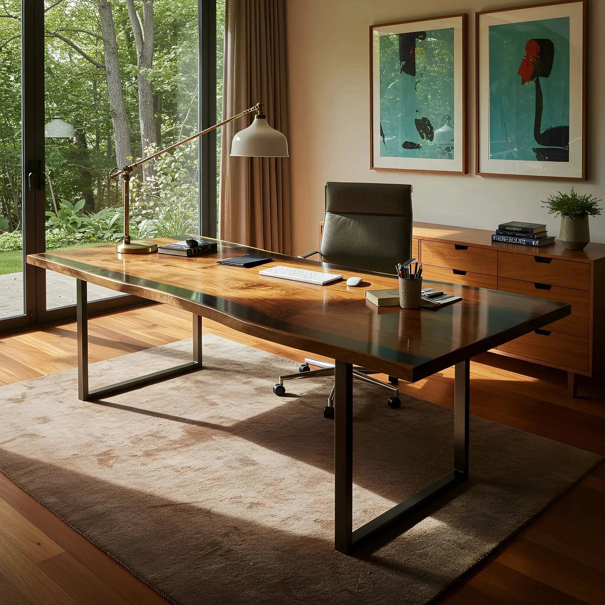 Custom handmade walnut and black resin epoxy river desk in a modern home office. Enhances productivity with elegant USA-crafted design.