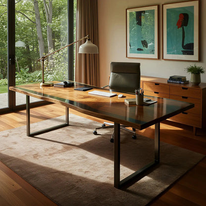 Custom handmade walnut and black resin epoxy river desk in a modern home office. Enhances productivity with elegant USA-crafted design.