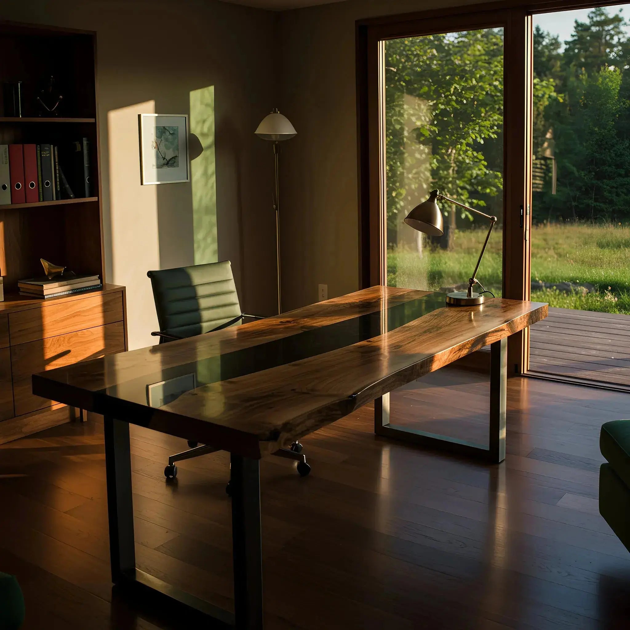Walnut and black resin epoxy river office desk in minimalist workspace. Custom USA-made furniture blending nature and modern style.