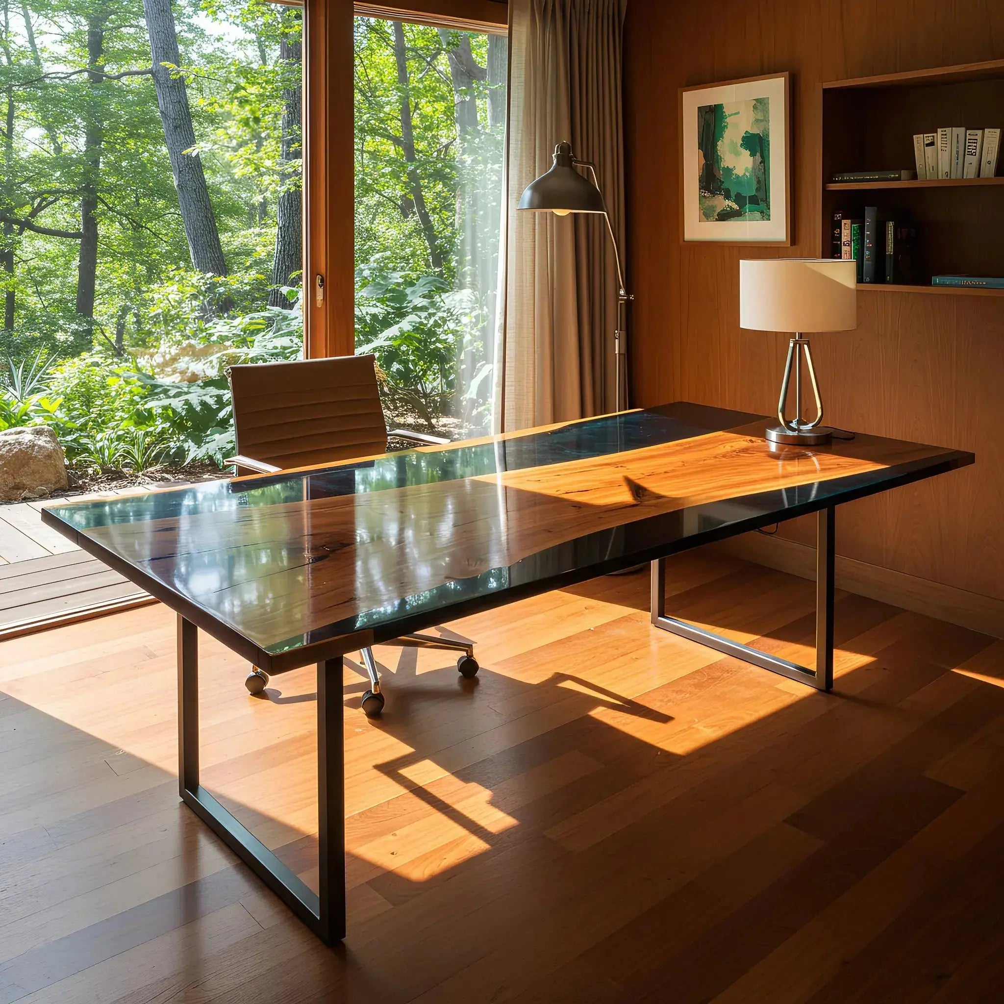 Handcrafted epoxy river desk with walnut and black resin in sunlit office. Premium USA-made furniture for stylish productivity.