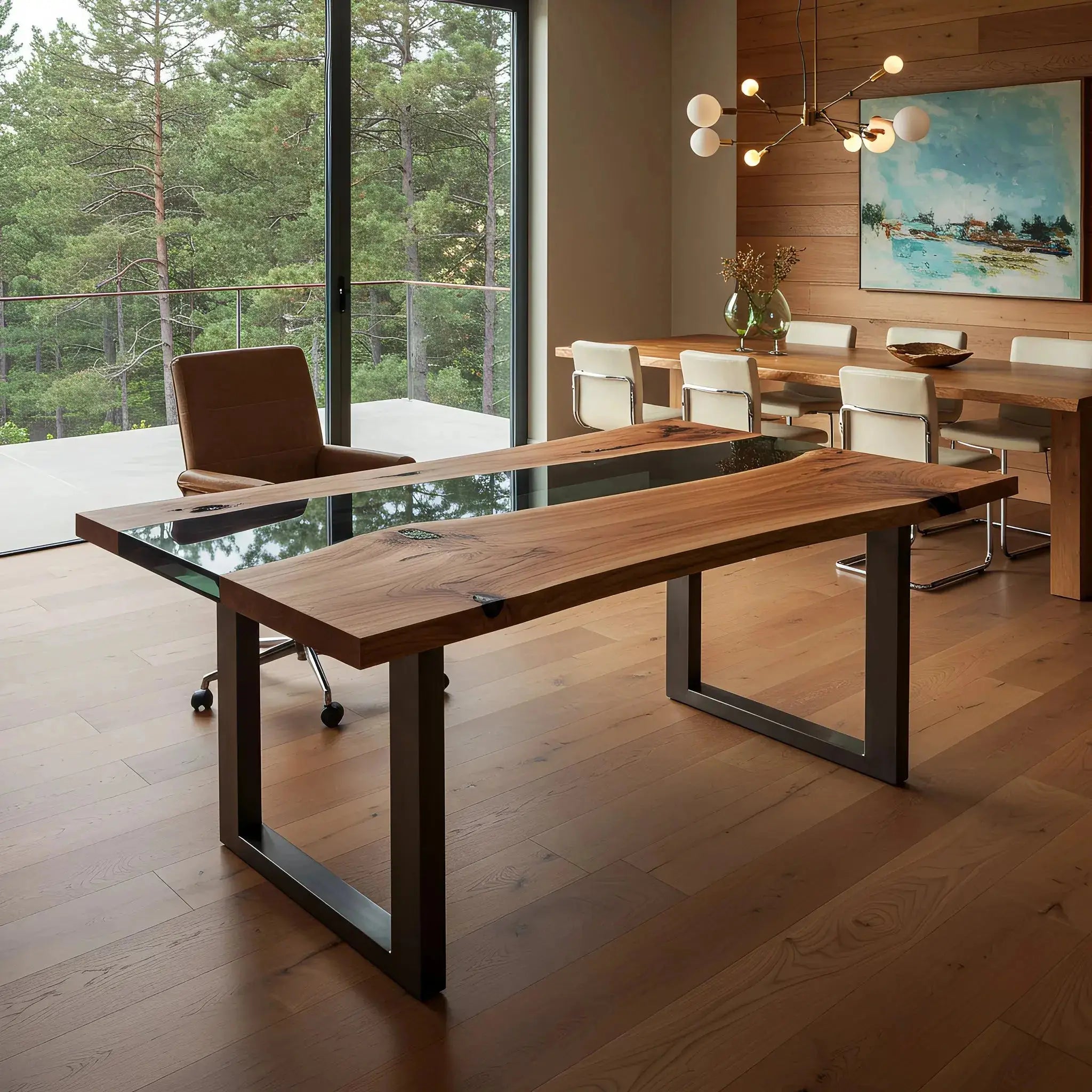 Modern epoxy river office desk with walnut and black resin in open-concept room. Custom handmade in the USA for luxury work environments.