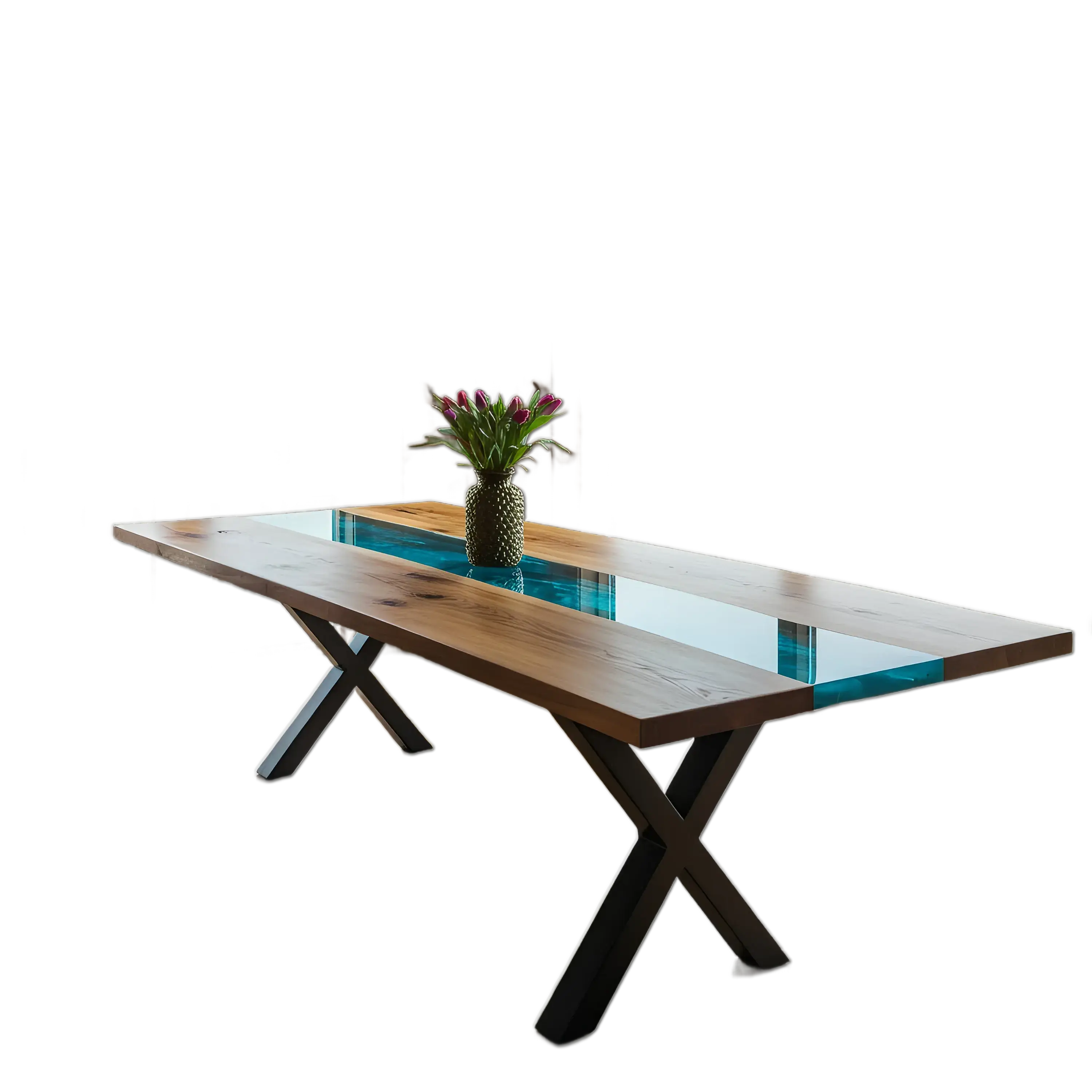Custom epoxy ocean dining table with walnut wood and blue resin river, handmade in the USA. Modern X-leg base and tropical centerpiece accent.