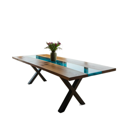 Custom epoxy ocean dining table with walnut wood and blue resin river, handmade in the USA with modern metal X-leg base