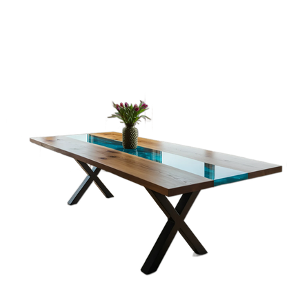 Custom epoxy ocean dining table with walnut wood and blue resin river, handmade in the USA. Modern X-leg base and tropical centerpiece accent.