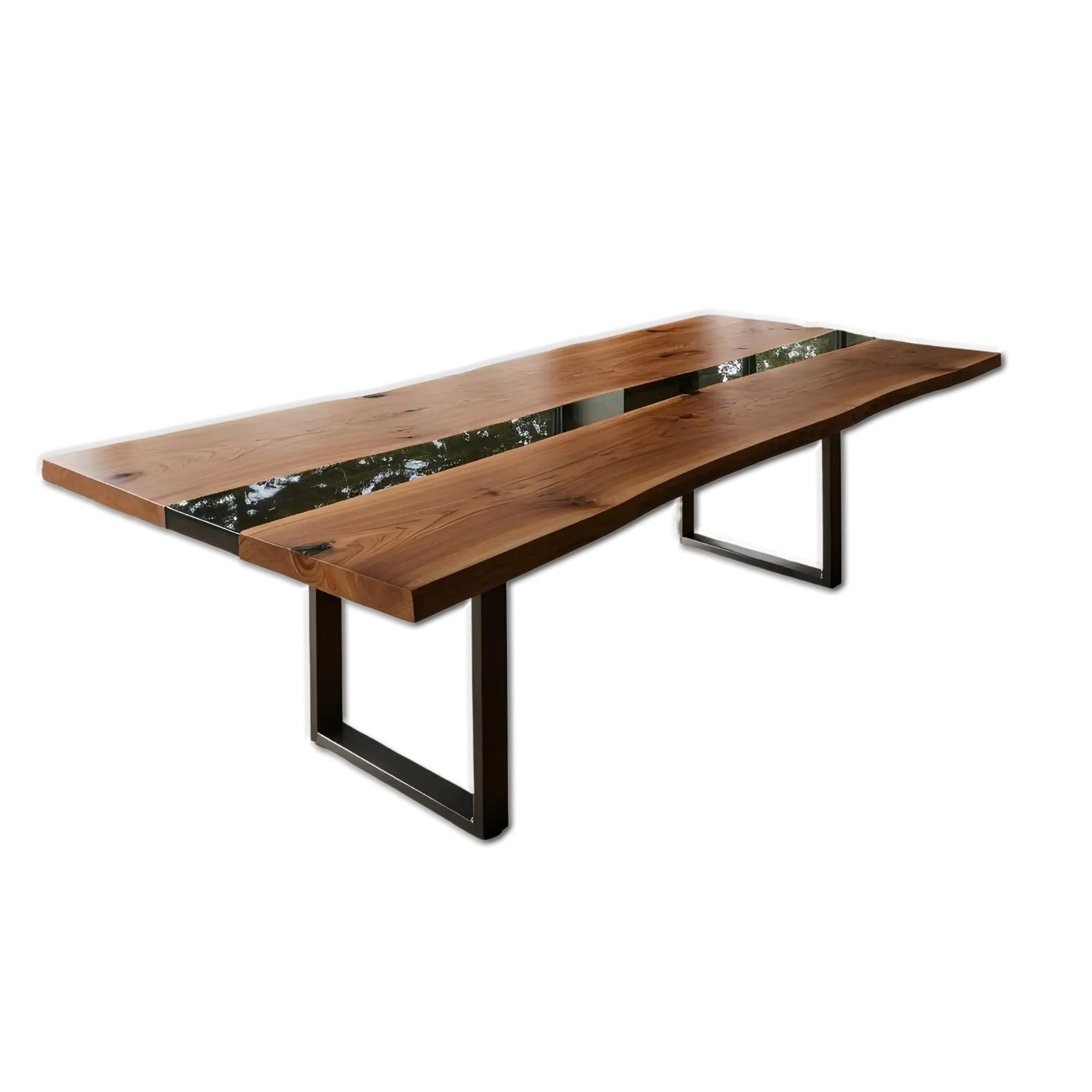 Custom epoxy black dining table with walnut wood and black resin center, handmade in the USA.
Modern rectangular design with metal legs.