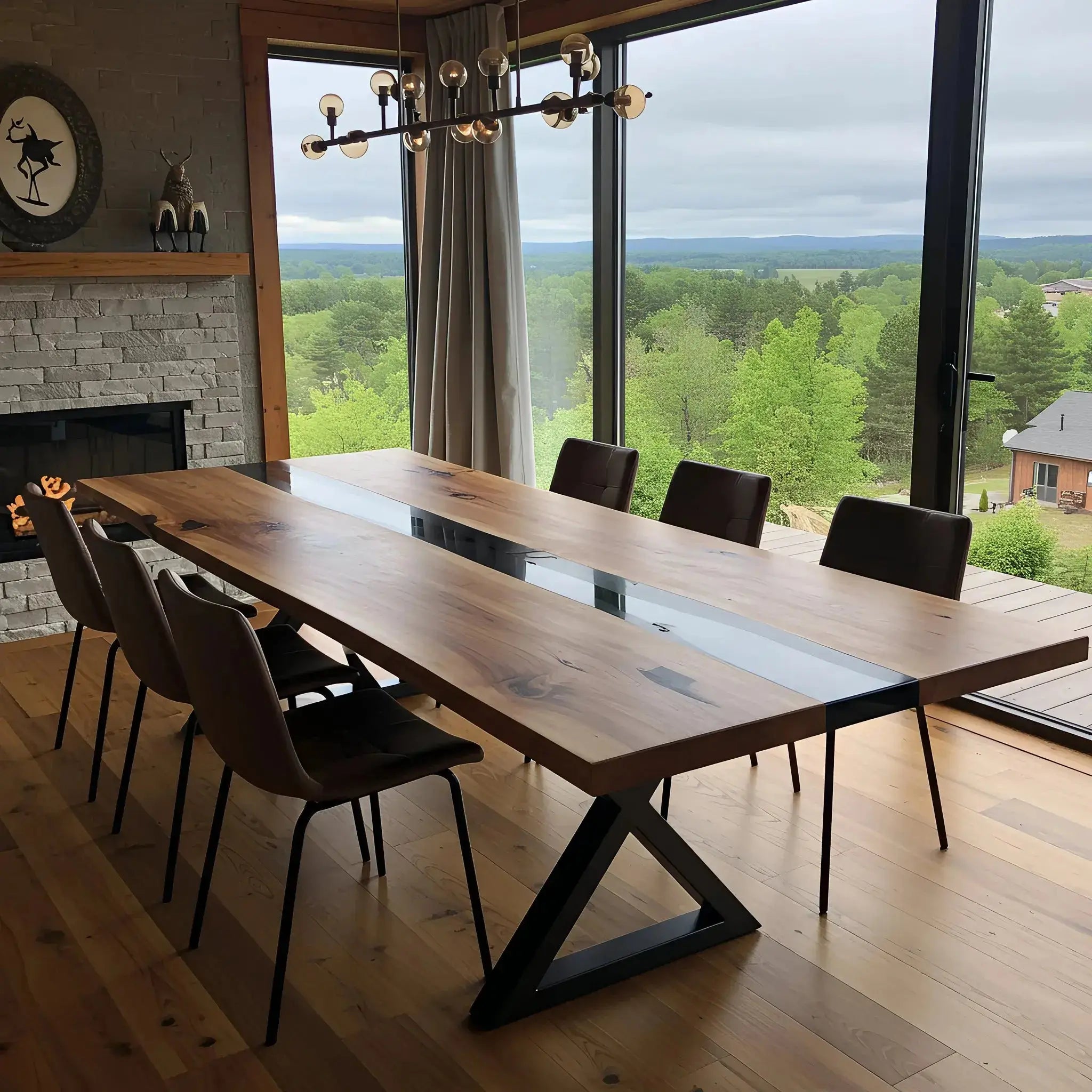 Handmade walnut and black resin dining table in a modern dining room, seating eight. Custom epoxy black dining table with sleek metal base.