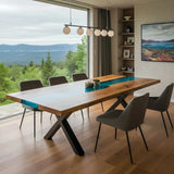 Custom epoxy ocean dining table with walnut wood and blue resin river, handmade in the USA with modern metal X-leg base