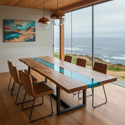 Custom epoxy ocean dining table with walnut wood and blue resin river, handmade in the USA with modern metal X-leg base