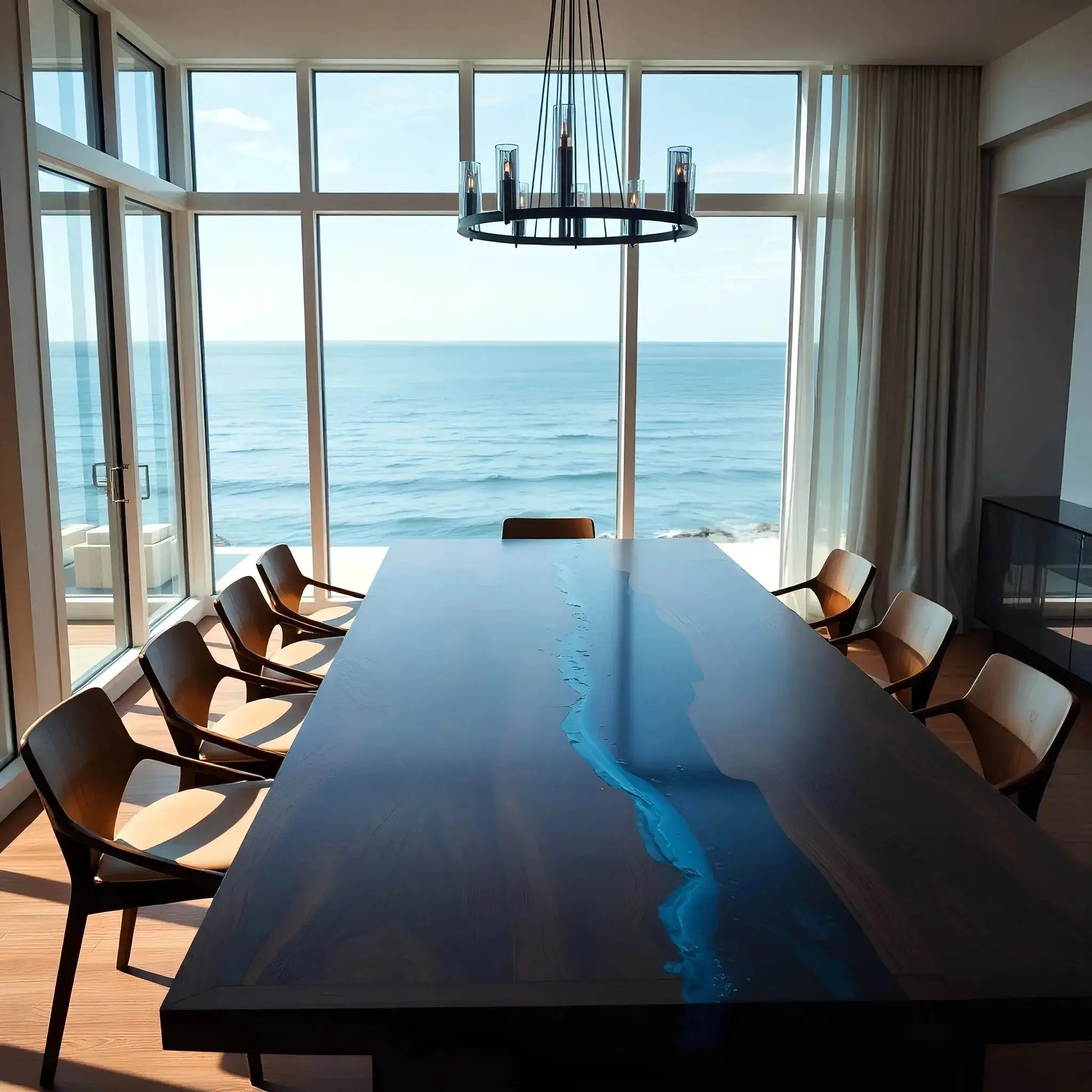 Custom epoxy ocean dining table with deep blue resin river and dark walnut top, surrounded by modern chairs in oceanfront dining room.
