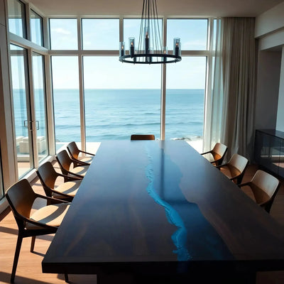 Custom epoxy ocean dining table with walnut wood and blue resin river, handmade in the USA with modern metal X-leg base