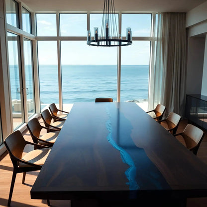 Custom epoxy ocean dining table with deep blue resin river and dark walnut top, surrounded by modern chairs in oceanfront dining room.