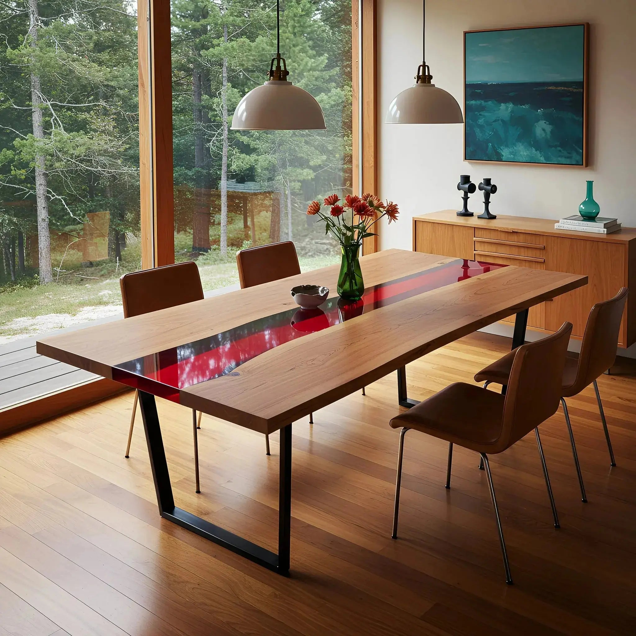 Custom walnut and red epoxy river dining table with black metal legs, surrounded by chairs in a forest-view dining room. Handmade in the USA.