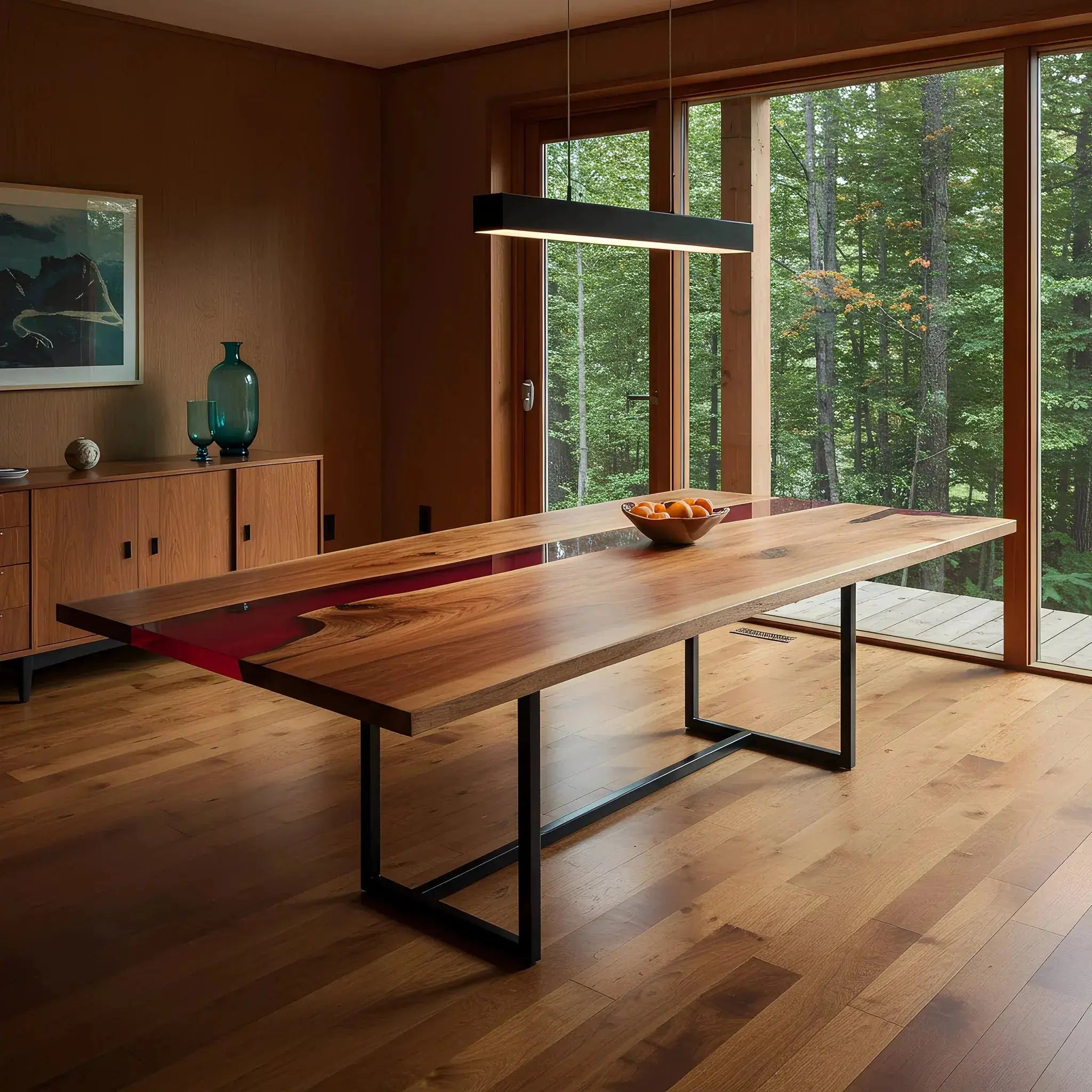 Epoxy river dining table with live edge walnut and red resin centerpiece, set in a modern cabin-style dining room. Artisan-crafted in the USA.
