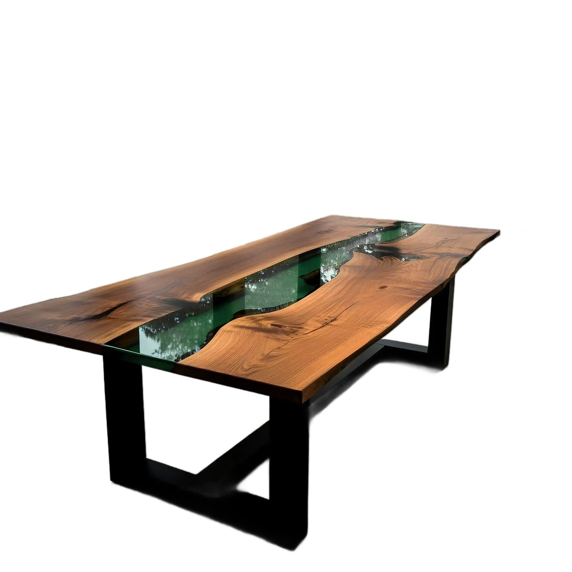 Custom epoxy river dining table with walnut wood and green resin, handmade in the USA.
Modern black metal legs enhance its natural elegance.