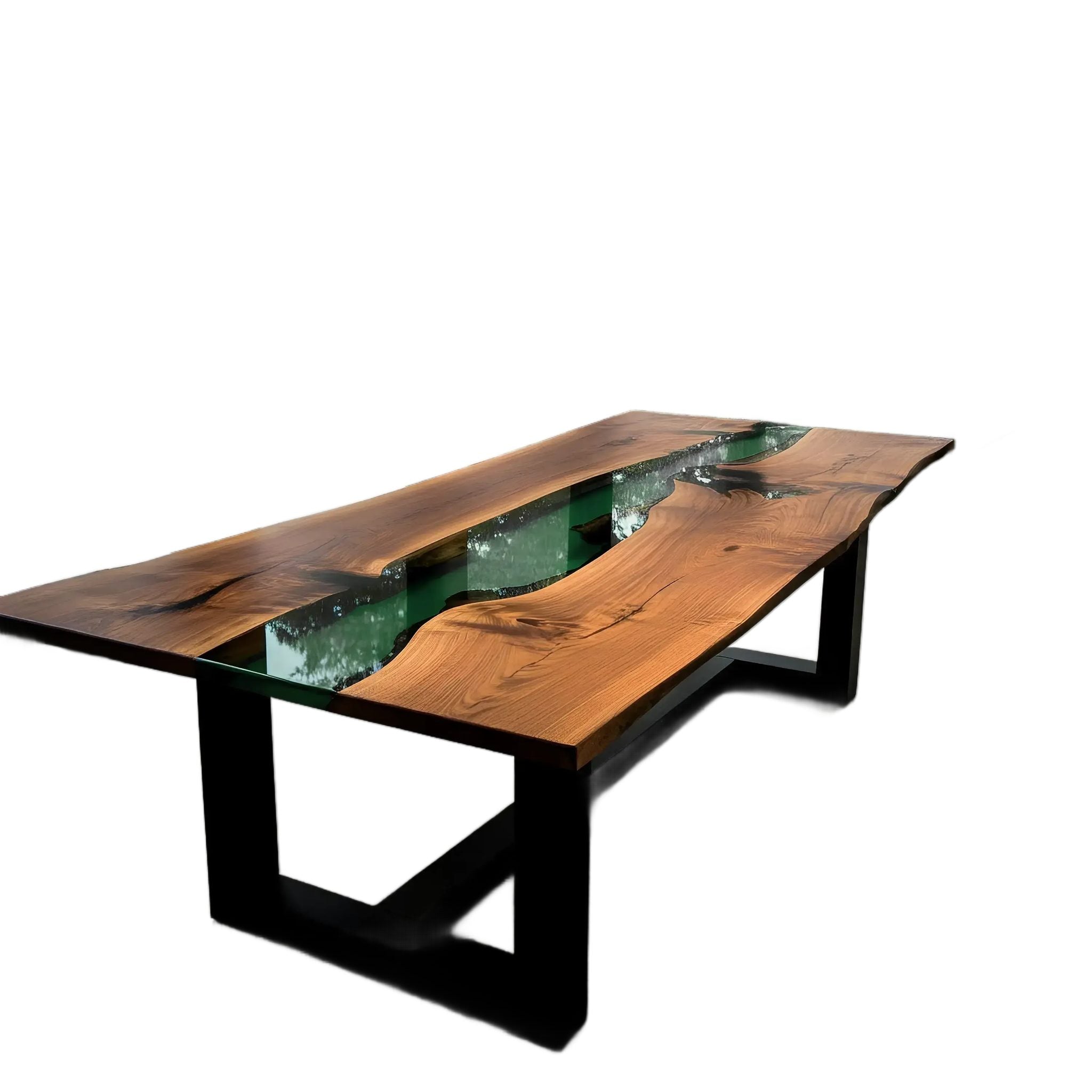 Custom epoxy river dining table with walnut wood and green resin, handmade in the USA. Modern black metal legs enhance its natural elegance.