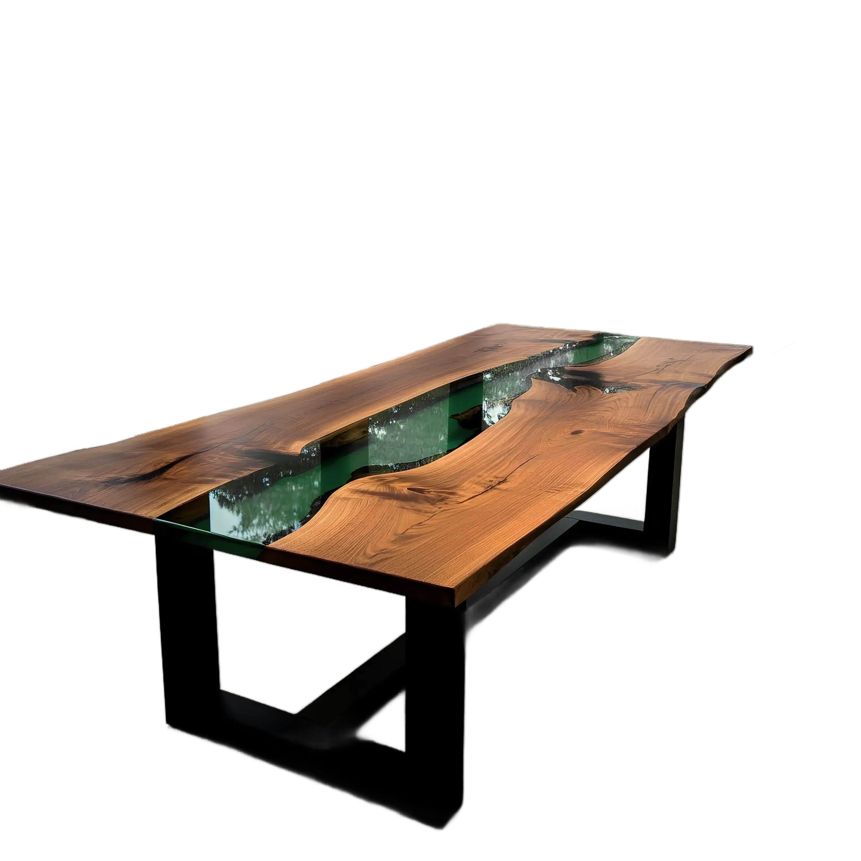 Custom epoxy river dining table with walnut wood and green resin, handmade in the USA. Modern black metal legs enhance its natural elegance.