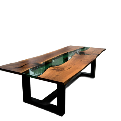 Custom epoxy river dining table with walnut wood and green resin, handmade in the USA. Modern black metal legs enhance its natural elegance.
