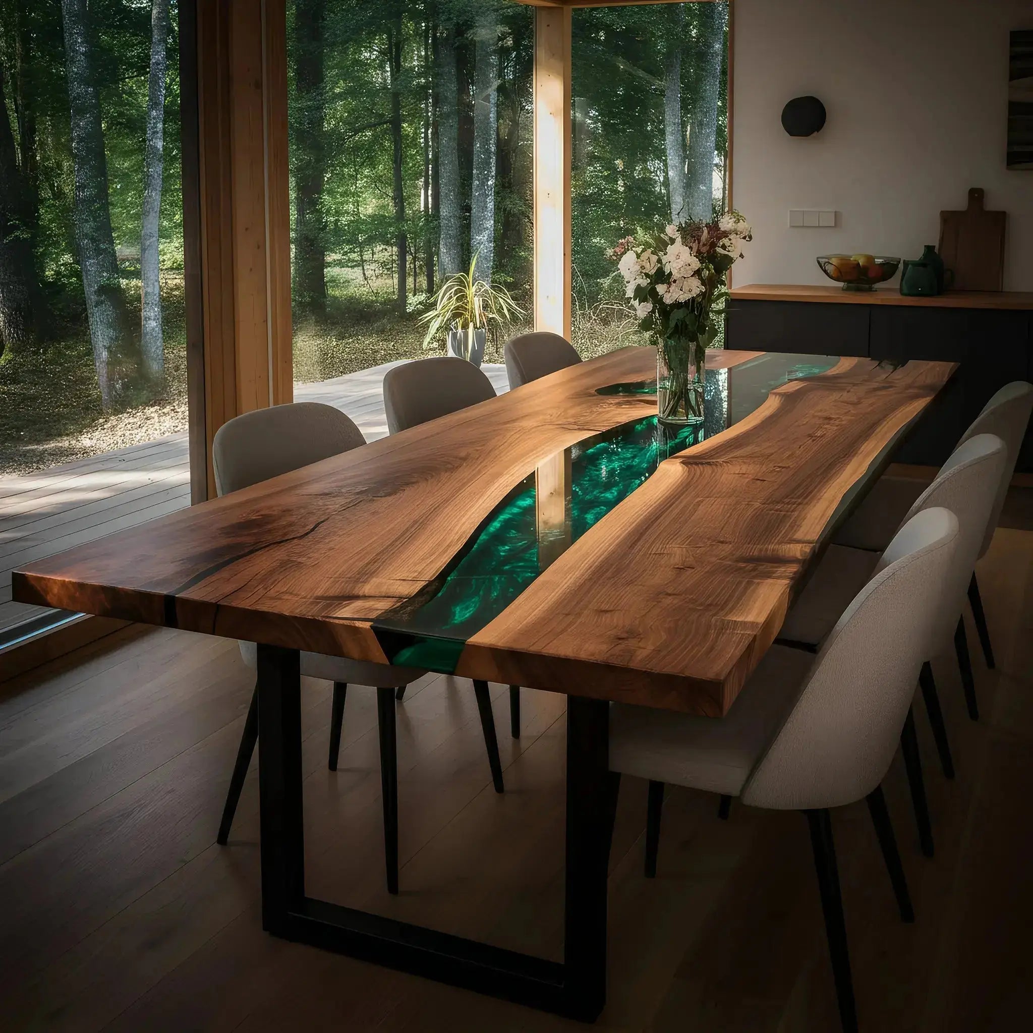 Sunlit Forest Dining Table with green epoxy river and walnut slab top, surrounded by upholstered chairs in a forest-view dining room.