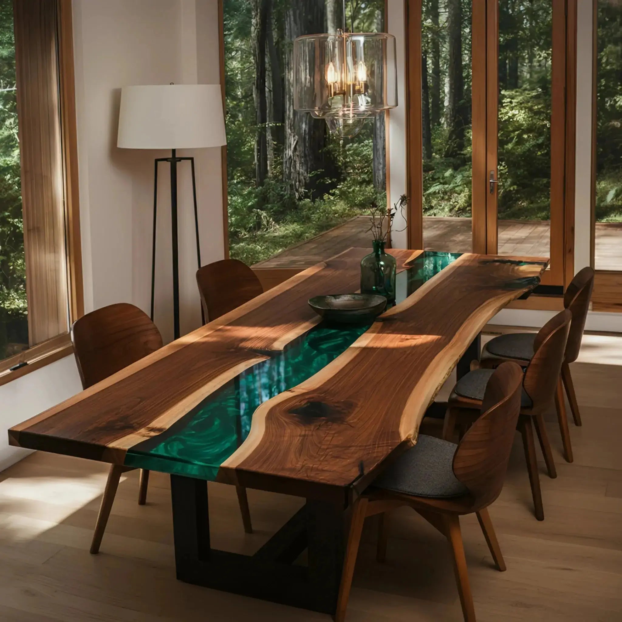 Handmade walnut and green resin epoxy river dining table in a cozy forest-themed room, paired with mid-century modern chairs.