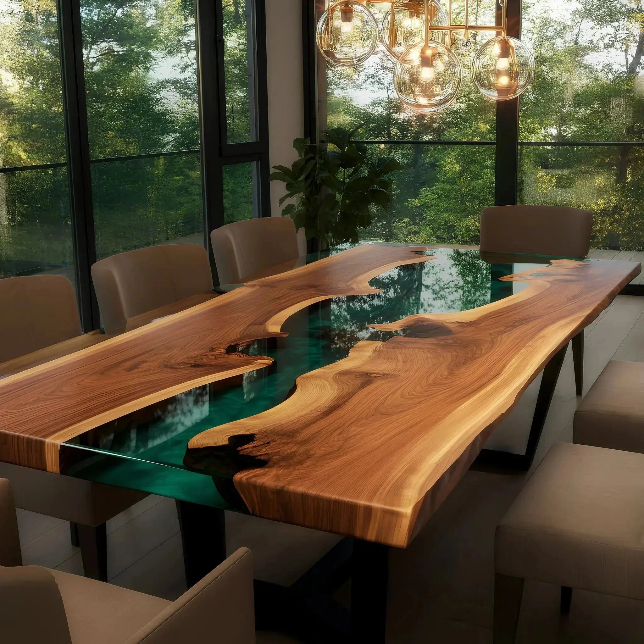 Custom epoxy river dining table featuring live edge walnut and green resin, set in a modern dining room with forest views and pendant lighting.
