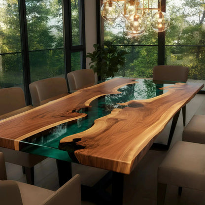 Custom epoxy river dining table featuring live edge walnut and green resin, set in a modern dining room with forest views and pendant lighting.