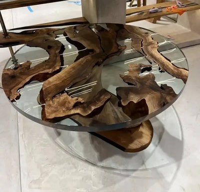 Round epoxy resin dining table with walnut wooden vortex base