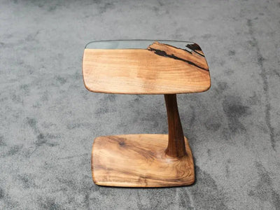 C-shaped luxury resin end table made of solid walnut wood with clear epoxy resin finish
