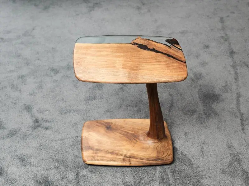 C-shaped luxury resin end table made of solid walnut wood with clear epoxy resin finish
