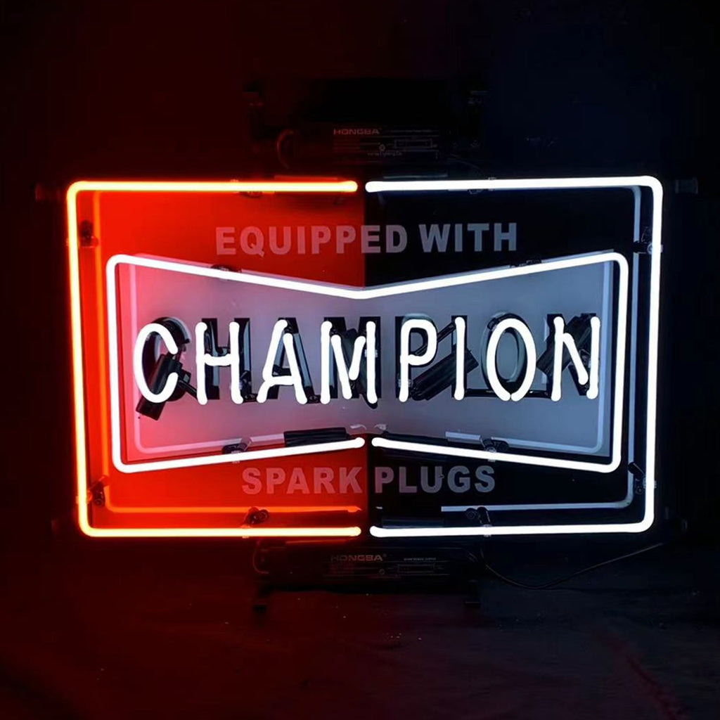 Neon sign with a bowtie shape outlined in red on the left half and white on the right, featuring the word CHAMPION in bold white letters inside the bowtie.