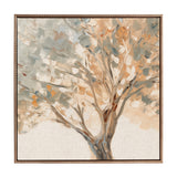 Impressionistic tree painting with textured brushstrokes in beige, muted orange, and gray, framed with a beaded, bronze-colored wooden frame.