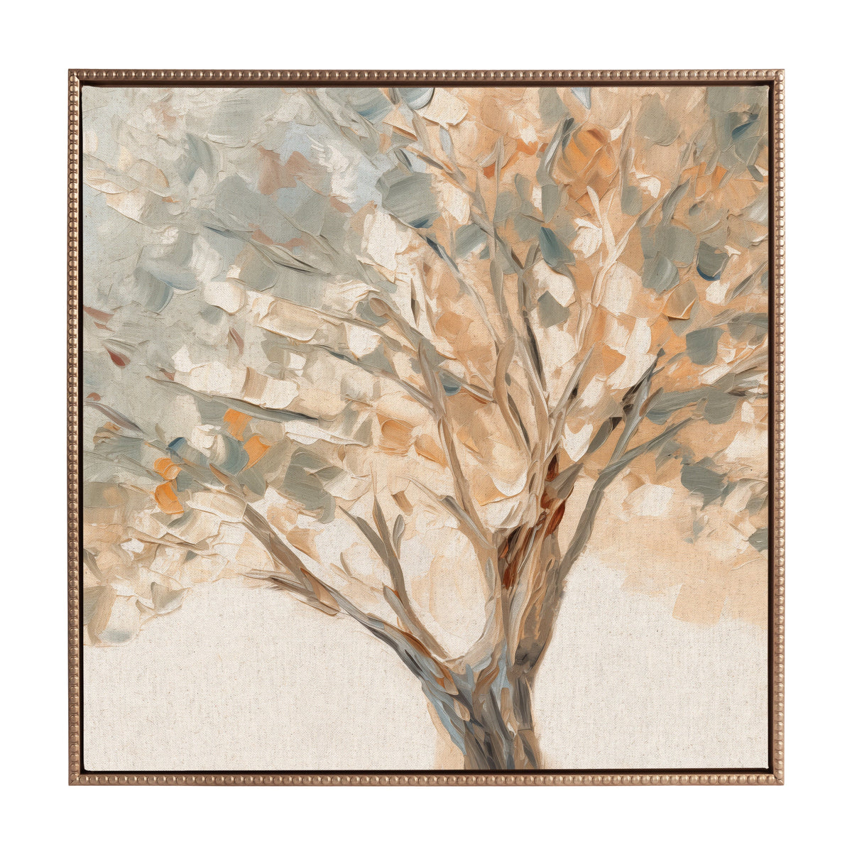 Impressionistic tree painting with textured brushstrokes in beige, muted orange, and gray, framed with a beaded, bronze-colored wooden frame.