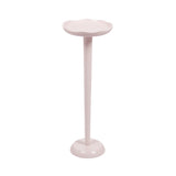 Tall pale pink drink table with a scalloped edge round top and a tapered cylindrical pedestal base.