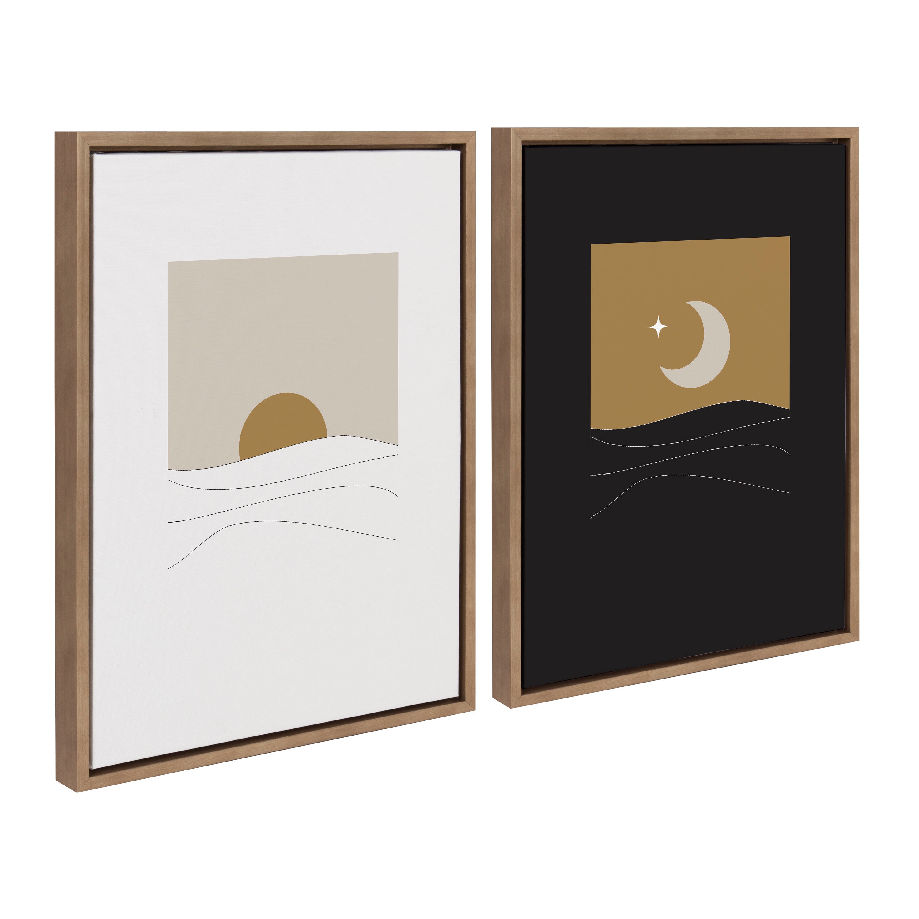 Sylvie Modern Sunrise and Sunset Over the Ocean framed canvas art set showing gold framed images of ocean sunrise and sunset