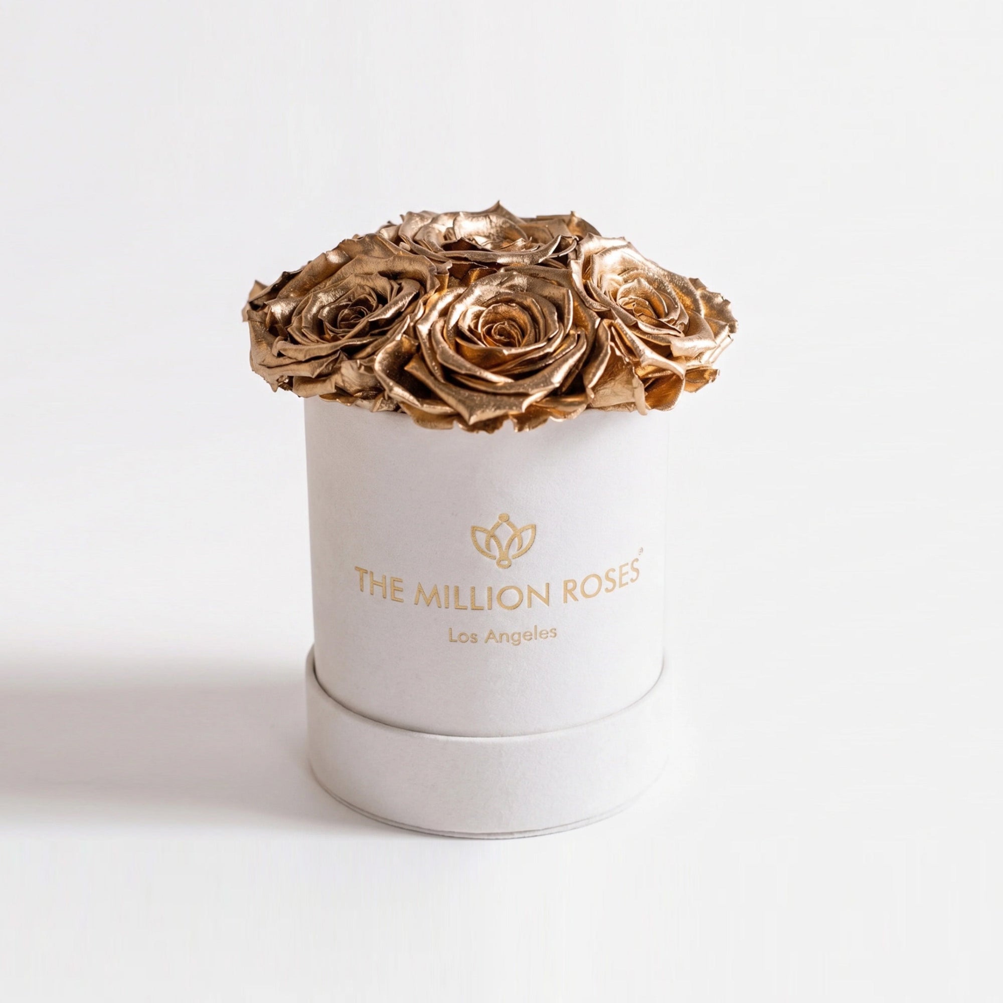 Essence Beige Suede Box with seven gold roses arranged inside