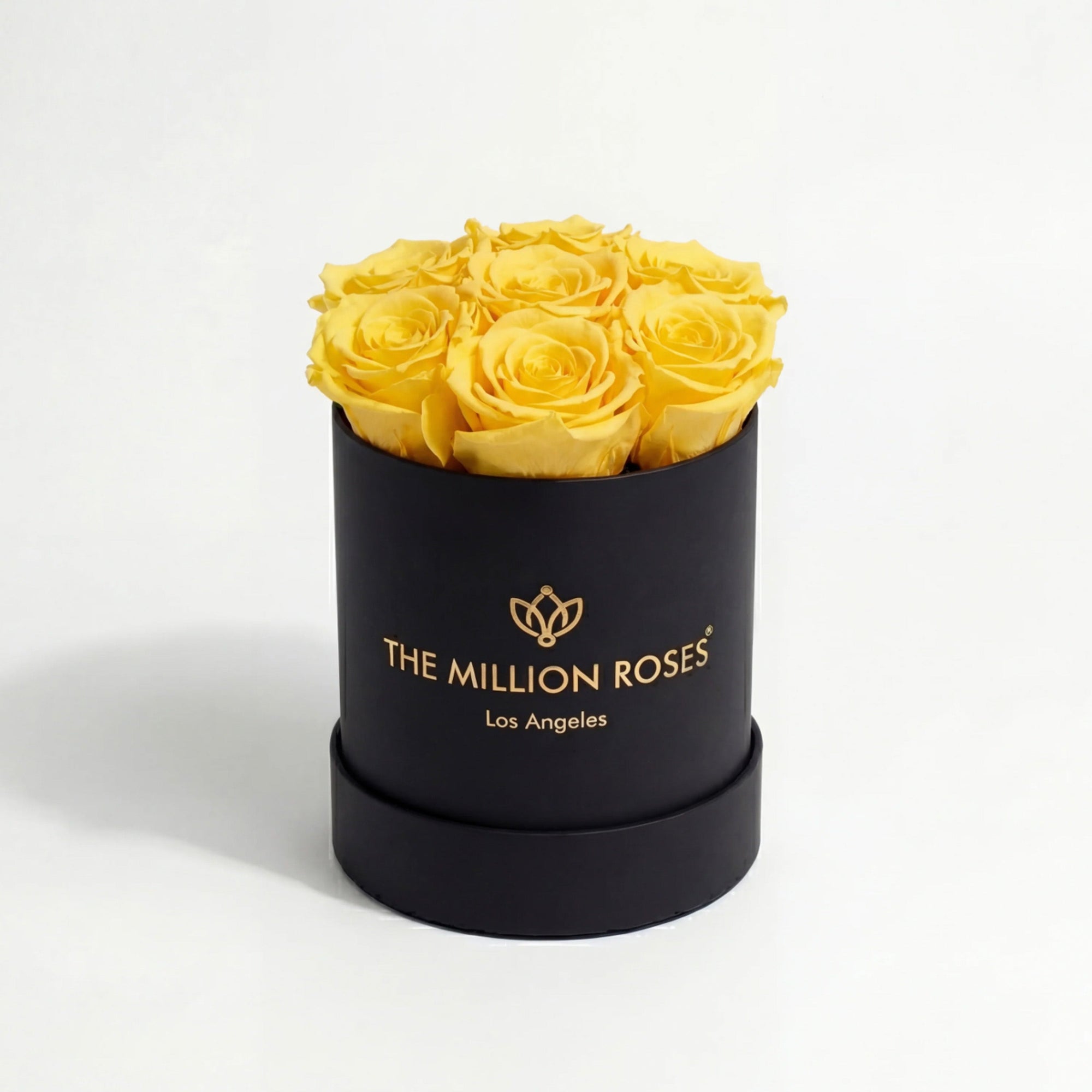 Essence Black Box with seven yellow roses in a minimalist black box