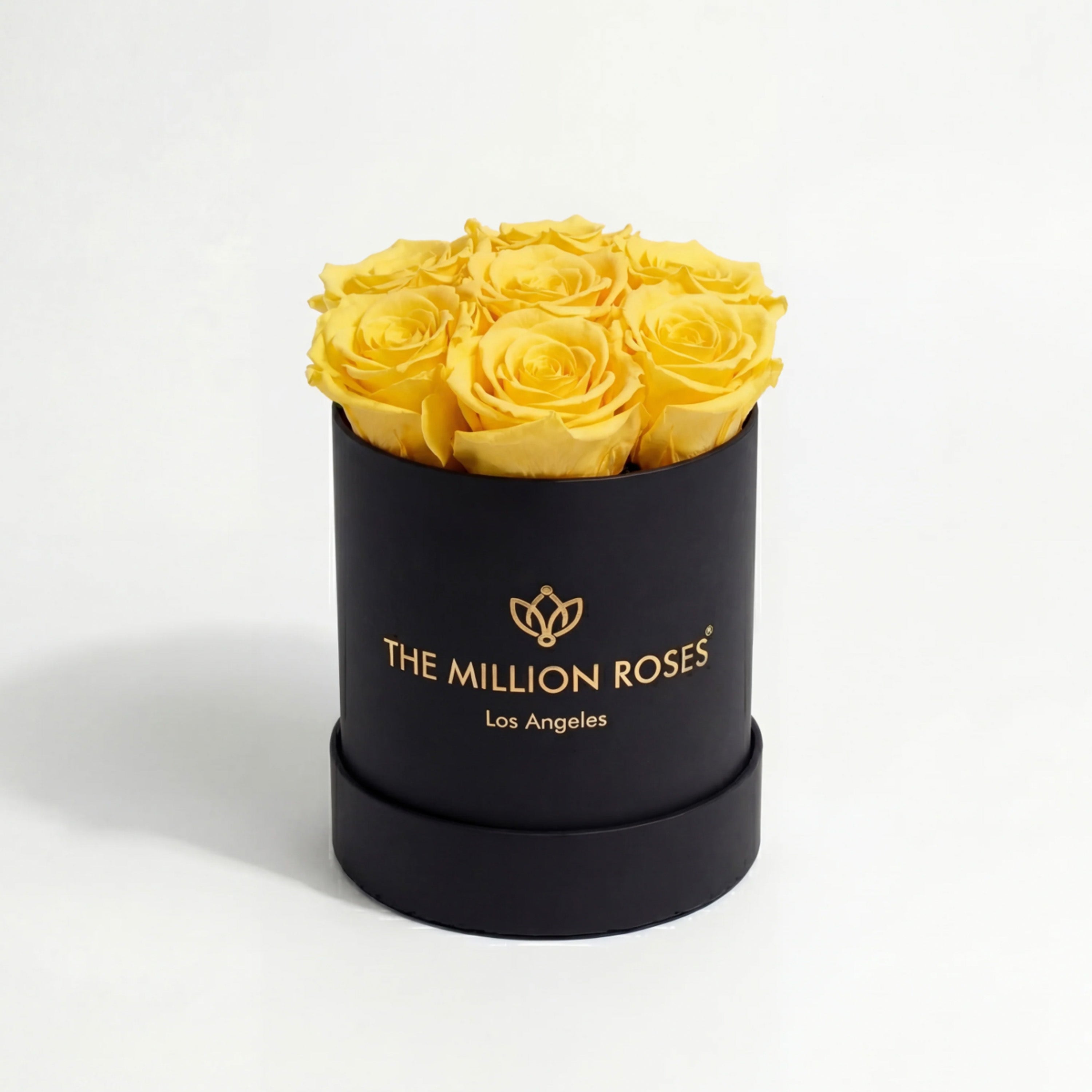 Essence Black Box with seven yellow roses in a minimalist black box