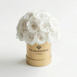 Essence Gold Superdome Box featuring 38-40 white roses arranged in a full, rounded crown inside a gold box.