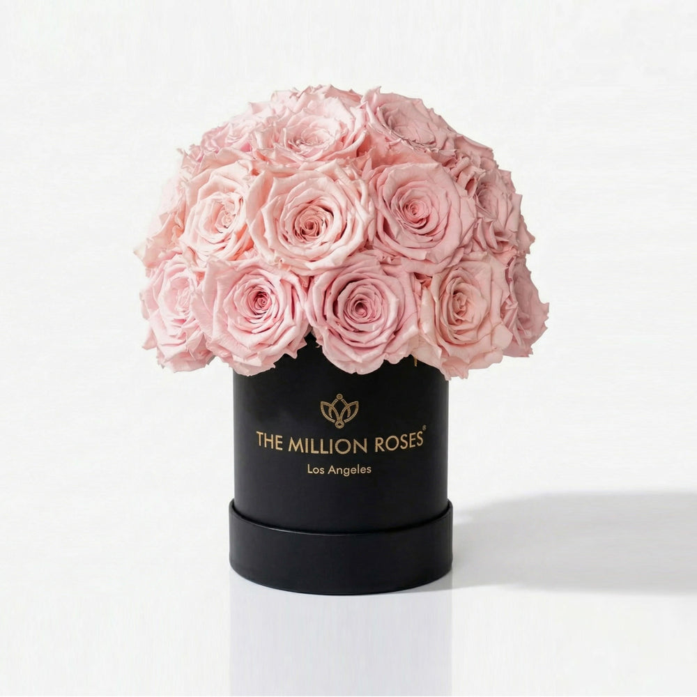 Essence Black Superdome Box filled with light pink roses arranged in a rounded crown