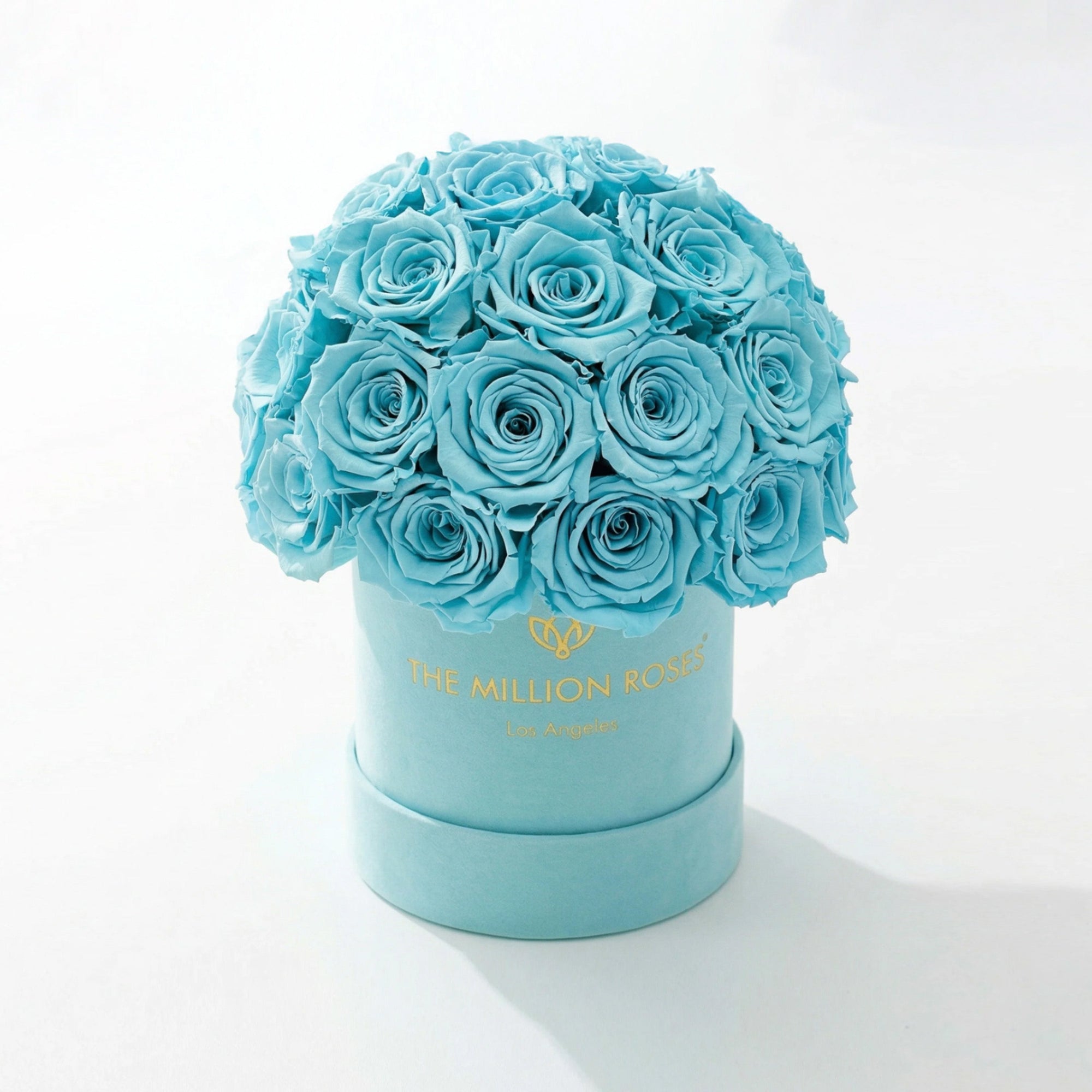 Essence Mint Green Suede Superdome Box holding a rounded crown of turquoise roses