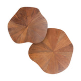 Two irregularly shaped, warm brown wooden table tops with a radial grain pattern fanning from the center, placed overlapping on a white background.