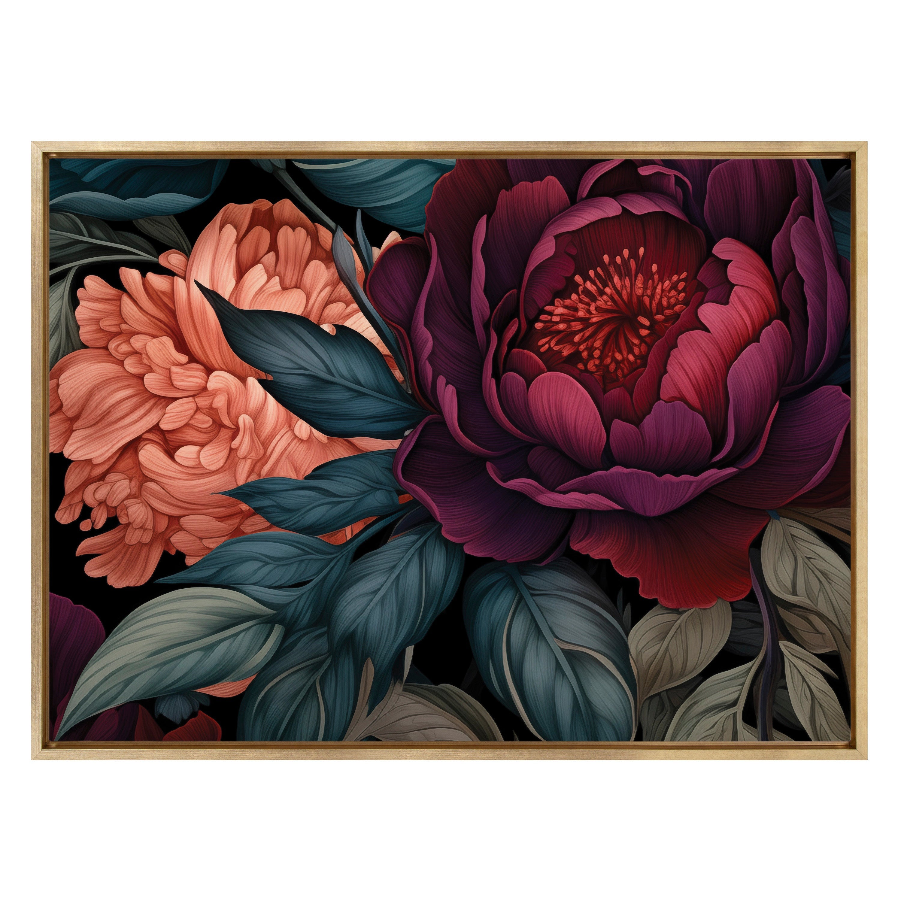 Sylvie Dark Academia Floral in Rich Jewel Tones Framed Canvas by The Creative Bunch Studio