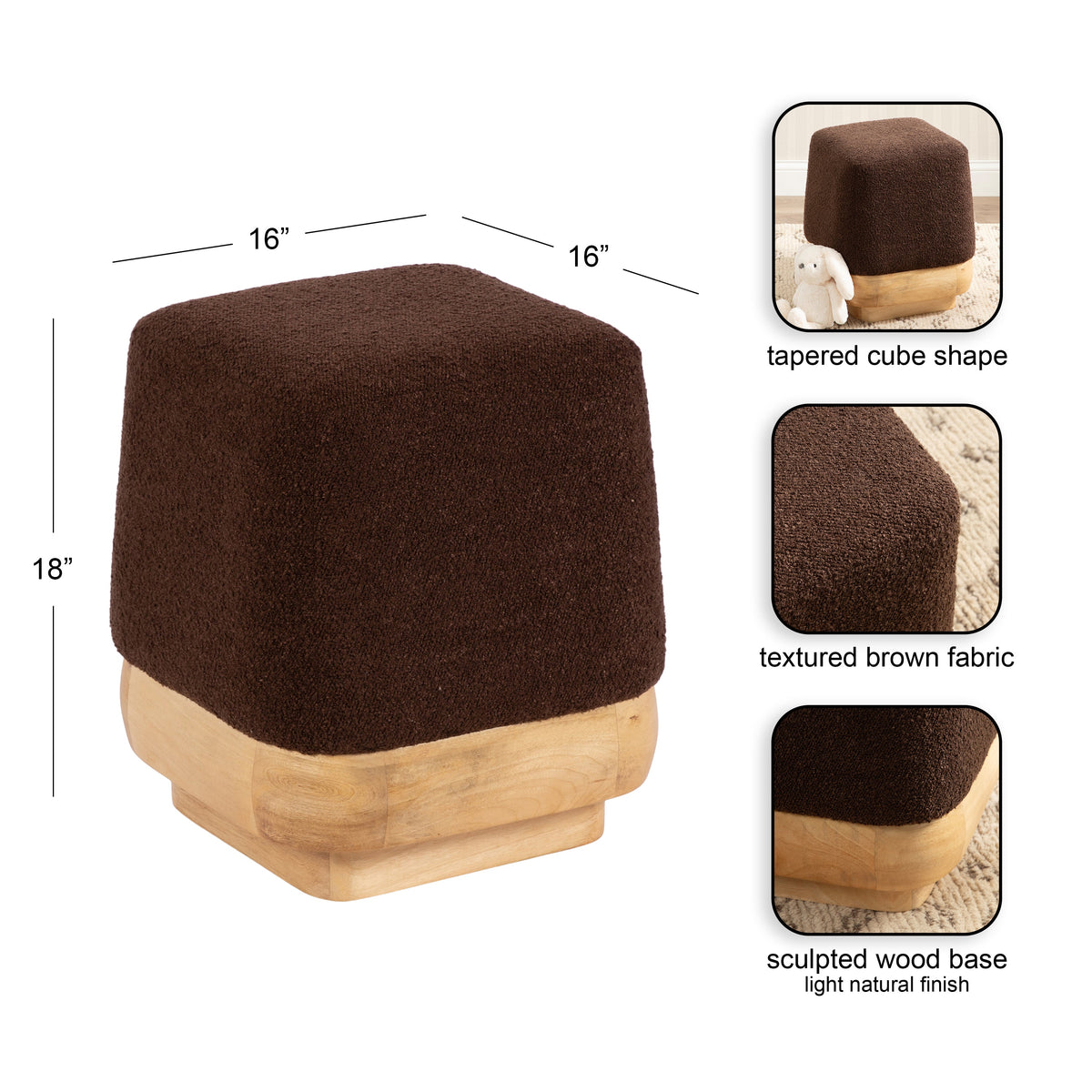 Square ottoman with textured dark brown fabric in a tapered cube shape, resting on a sculpted light natural wood base with a smooth finish