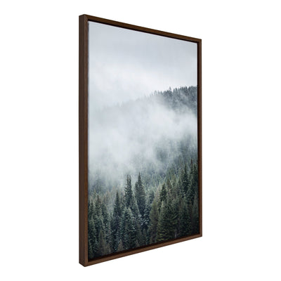 Sylvie Evergreens In Fog Framed Canvas showing misty evergreen trees in soft fog, framed in Sylvie Graywash