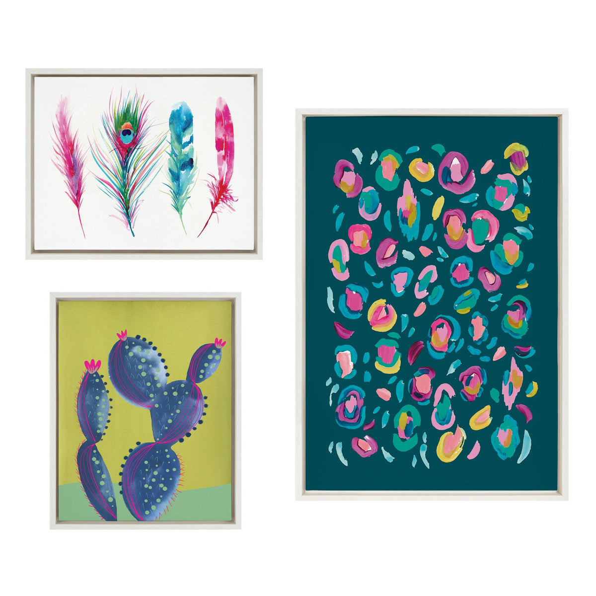 Sylvie Leopard 3, Feather Four and 800 Folk Cactus v2 Framed Canvas by kateandlaurel - main product image for Resin Society